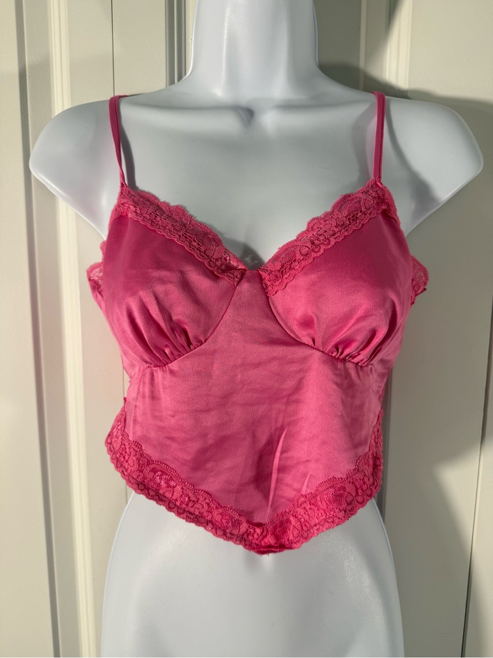 Pink Lace-Trim Satin Crop Cami